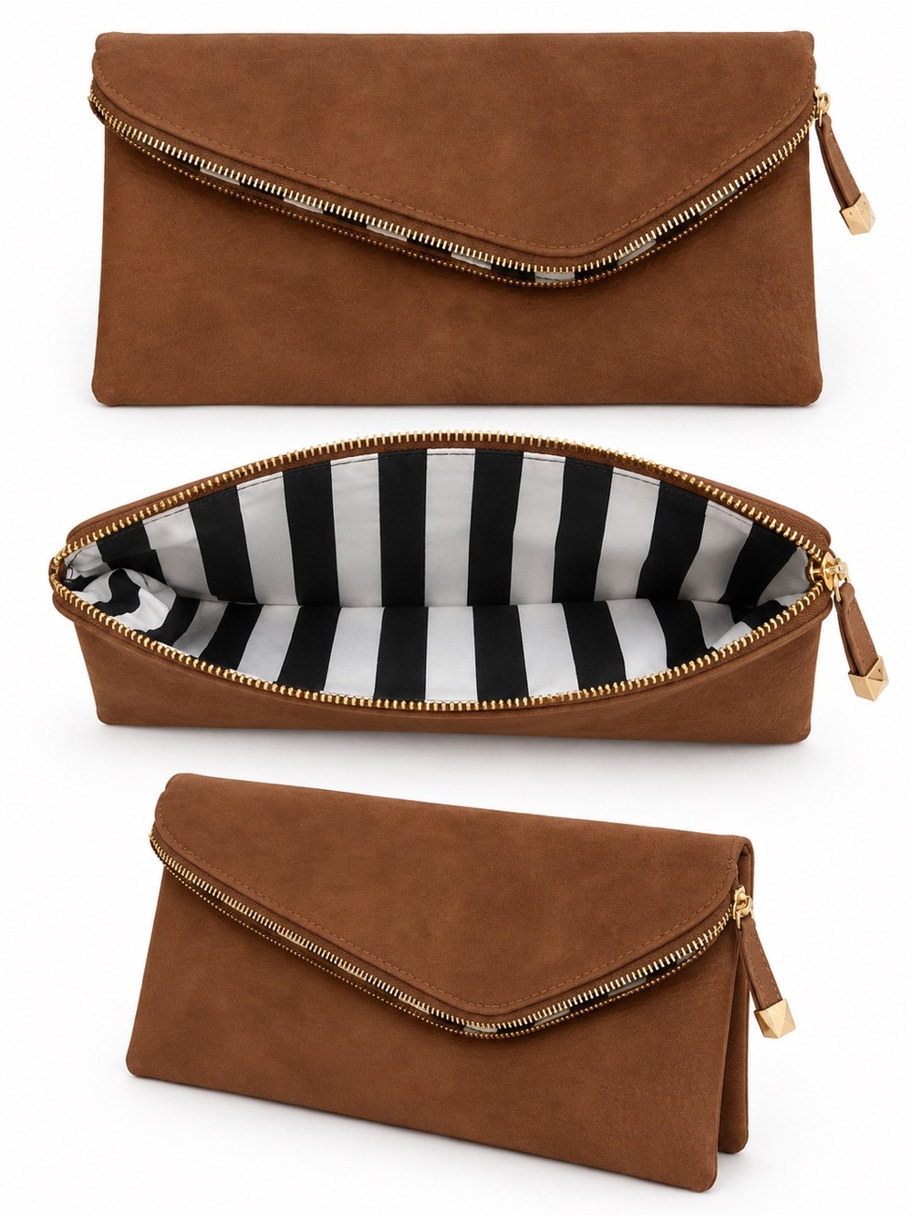 Brown Suede Envelope Clutch with Gold Hardware